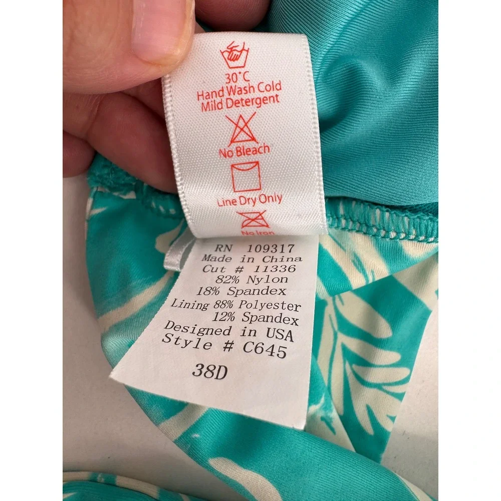Swim Systems Sz 38D Teal White Floral Halter Bikini Top Lace Up Tassel Swimwear